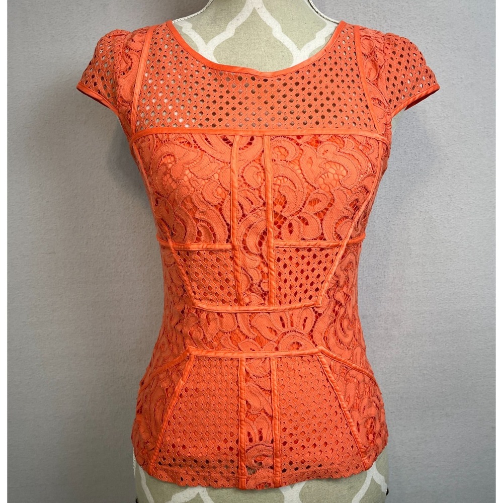 Vintage Y2K BEBE Top‎ Size Small Orange Lace Fitted Zip Back
